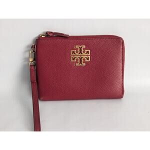 Tory Burch Red Leather Logo Clutch Britten Large Pebbled Zip Pouch Wristlet
